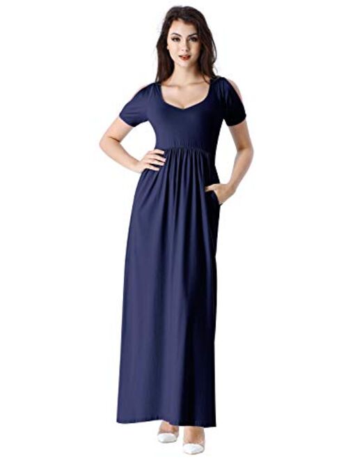 VFSHOW Womens Summer Cold Shoulder Pockets Pleated Loose Plain Formal Casual Party Maxi Dress