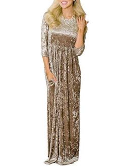 For G and PL Women's Velvet 3/4 Sleeve Maxi Dresses with Pocket