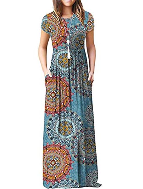 Boho Maxi Dresses for Women Empire Waist Short Sleeve Casual Floral Long Dress with Pockets