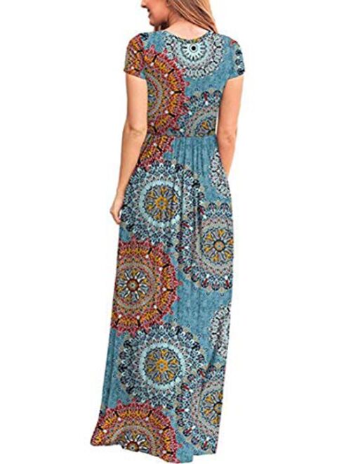 Boho Maxi Dresses for Women Empire Waist Short Sleeve Casual Floral Long Dress with Pockets