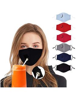 6pcs Unisex Drink Face masc Bandanas with Hole for Straw,Washable Reusable Face Cotton Covering for Women Men, Adjustable (Multicolored)