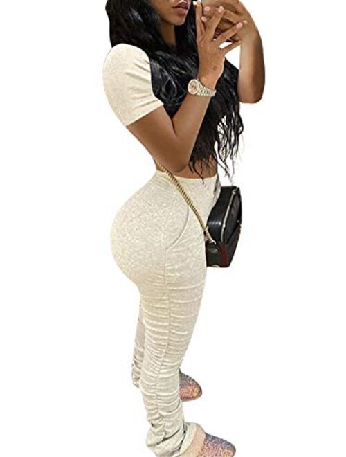 GLIENST Womens 2 Piece Outfits Solid Color Crop Top Bodycon High Waist Long Pants Tracksuit Set