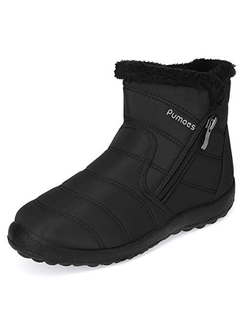 Pumoes Women Warm Snow Boots Winter Fur Lining Shoes Anti-Slip Lightweight Ankle Boots Outdoor Warm Comfortable Shoes Waterproof Slip on Sneakers