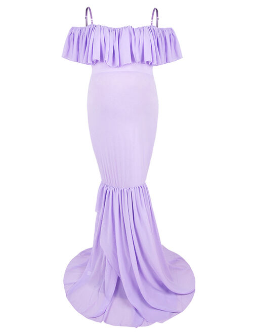 Jchiup Maternity Elegant Ruffle Off Shoulder Mermaid Gown Maxi Photography Dress