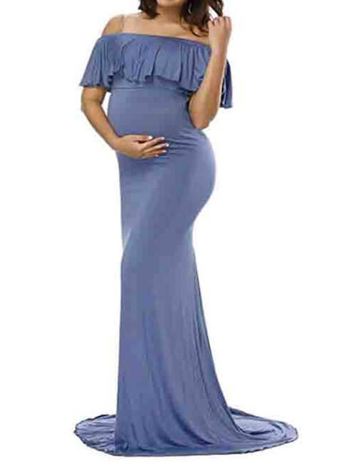 Jchiup Maternity Elegant Fitted Gown Off Shoulder Ruffles Maxi Photography Dress