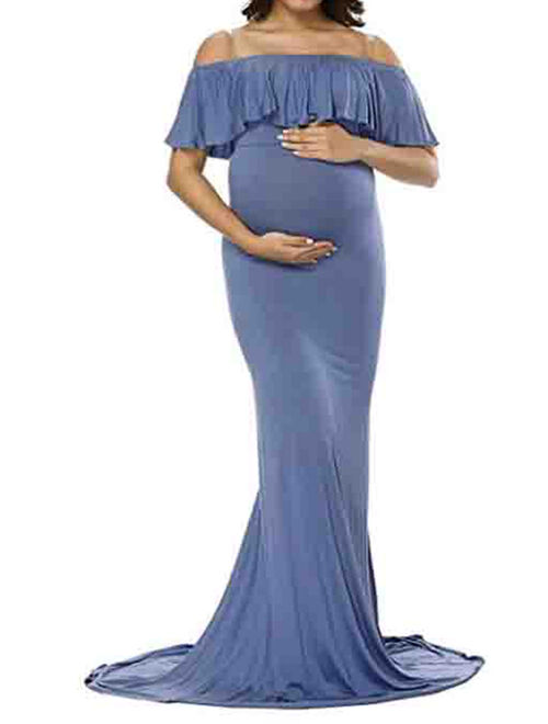 Jchiup Maternity Elegant Fitted Gown Off Shoulder Ruffles Maxi Photography Dress