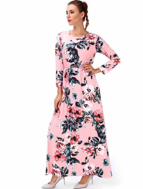 Women's Maternity Hight Waistline Long Sleeve Maxi Dress Ink Painting Floral With Pocket