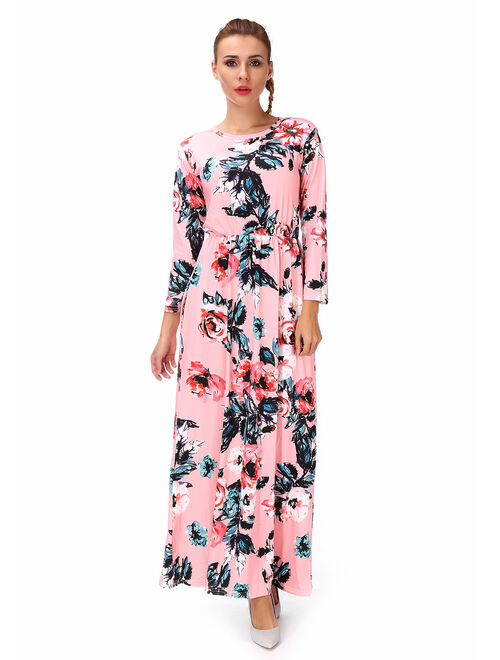 Women's Maternity Hight Waistline Long Sleeve Maxi Dress Ink Painting Floral With Pocket