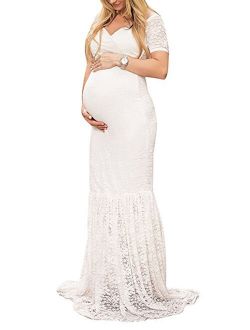 DYMADE Women's Off Shoulder V Neck Short Sleeve Lace Maternity Gown Maxi Photography Dress