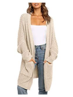 imesrun Womens Batwing Sleeve Long Cardigan Cable Knit Open Front Chunky Sweater Outwear with Pocket