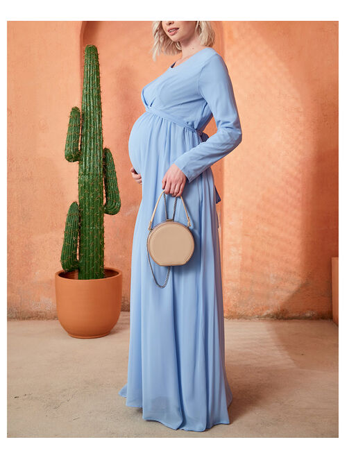 Gor&Sin | Blue Long-Sleeve Twist-Front Maternity Maxi Dress