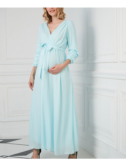 Gor&Sin | Blue Bishop-Sleeve Tie-Waist Maternity Surplice Dress