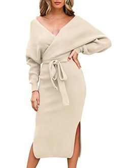 Fixmatti Women's Elegant V Neck Wrap Knit Dresses Batwing Sleeve Backless Slit Maxi Dress with Belted