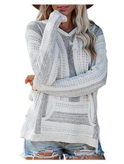 YeMgSiP Womens V Neck Hooded Sweaters Striped Casual Long Sleeve Lightweight Pullover Knit Baja Hoodie with Pocket