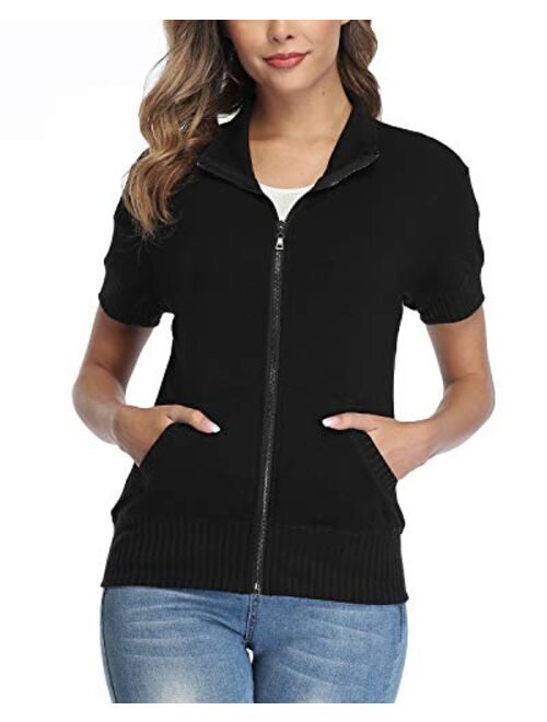 andy & natalie Women's Stand Collar Zip up Short Sleeve Hoodies Jacket Sweatshirts with Pockets