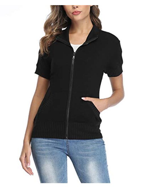 andy & natalie Women's Stand Collar Zip up Short Sleeve Hoodies Jacket Sweatshirts with Pockets