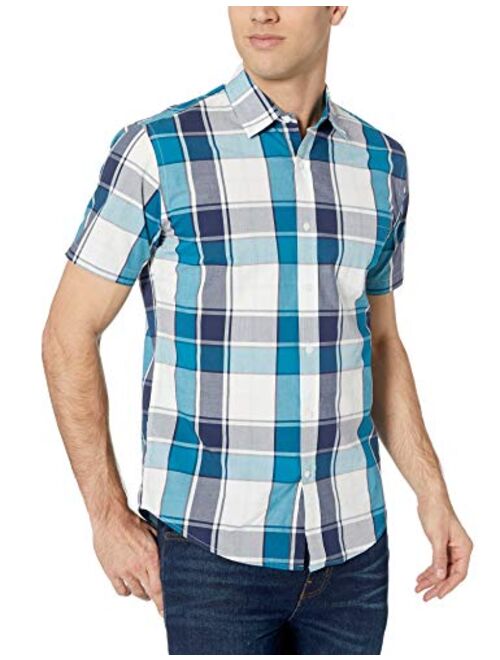 Amazon Essentials Men's Regular-Fit Short-Sleeve Plaid Casual Poplin Shirt, Teal/Navy, Large