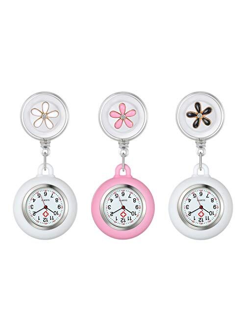 Lancardo Lapel Watch for Nurses Doctors Clip-on Hanging Nurse Watches Cute Leaves Pattern Silicon Cover Badge Stethoscope Retractable Fob Watch