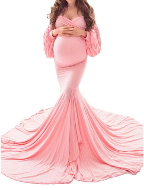 Jchiup Women's Off Shoulder Strapless Maternity Dress Photography Side Split Puff Sleeve Gown for Photoshoot