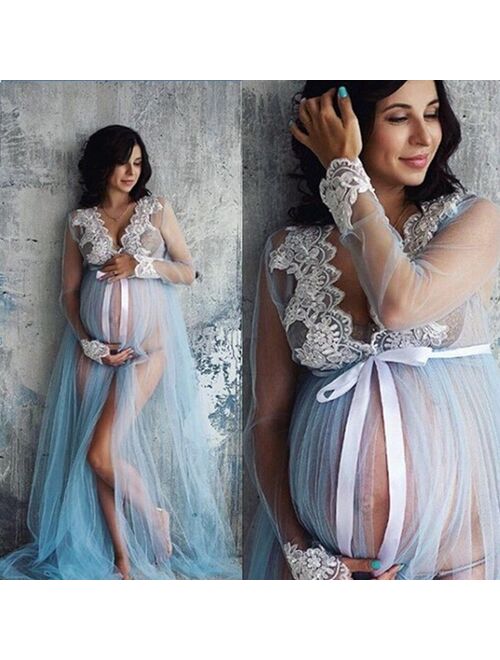 Women Pregnant Maternity Lace Floral Long Dress Maxi Gown Photography Photo Prop