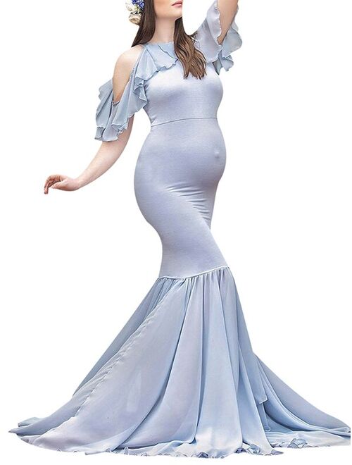 Jchiup Women Cold Shoulder High Neck Ruffles Mermaid Maternity Gown Maxi Photography Dress