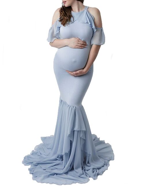 Jchiup Women Cold Shoulder High Neck Ruffles Mermaid Maternity Gown Maxi Photography Dress