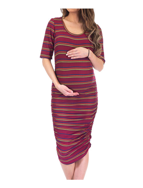 Mother Bee Maternity | Burgundy Stripe Ruched Maternity Dress