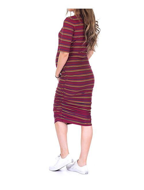 Mother Bee Maternity | Burgundy Stripe Ruched Maternity Dress