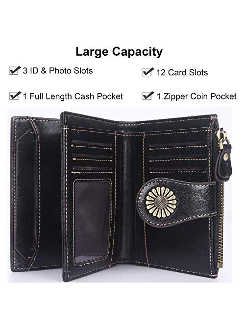 Lavemi Womens Leather Wallet RFID Blocking Small Bifold Compact Credit Card Case Purse for Women with ID Window Zipper Pocket