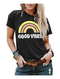 YEXIPO Womens Graphic Tees Good Vibes Shirt Short Sleeve Funny T Shirts Rainbow Print Cute Summer Tops