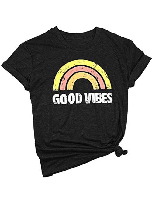 YEXIPO Womens Graphic Tees Good Vibes Shirt Short Sleeve Funny T Shirts Rainbow Print Cute Summer Tops