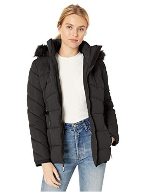 GUESS Women's Hooded Quilted Puffer Jacket with Removable Faux Fur Trim