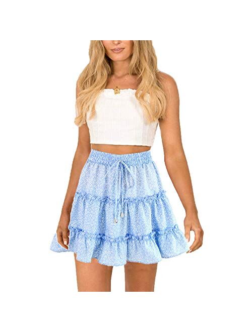 Daxvens Womens Summer Elastic High Waist Floral Print Ruffle Swing Skirt Polka Dot Mini Skirt with Drawstring