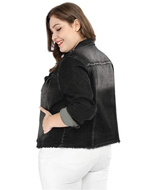 Agnes Orinda Women's Plus Size Classic Washed Front Frayed Denim Jacket