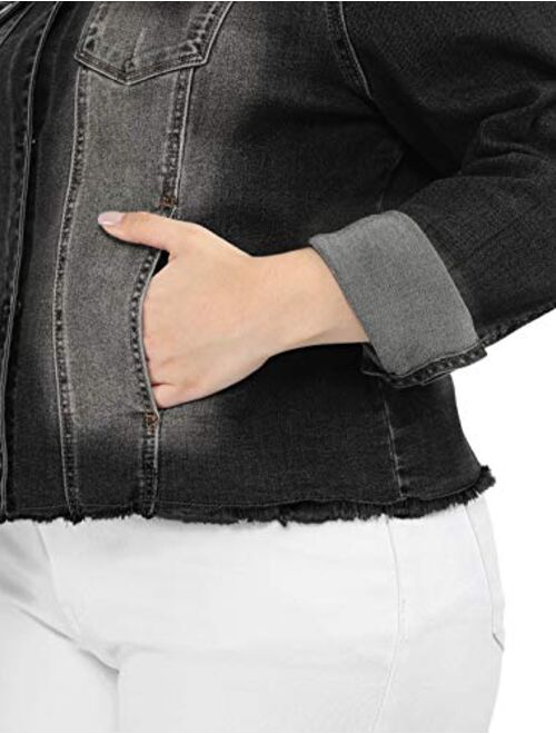 Agnes Orinda Women's Plus Size Classic Washed Front Frayed Denim Jacket