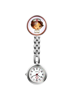 Nurse Watch with Second Hand for Women, 1-5 Pack Cute Cartoon Clip Lapel Hanging Medical Doctor Stethoscope Quartz Fob Watch with Metal Link