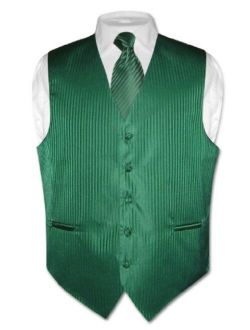 Men's Dress Vest Necktie Emerald Green Color Vertical Stripe Design Neck Tie Set