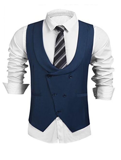 COOFANDY Men's Formal Suit Vest Business Waistcoat Double Breasted U-Neck Shawl Collar Slim Fit Waistcoat for Suit Tuxedo