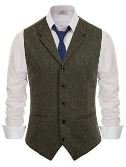 Paul Jones Mens Herringbone Tweed Waistcoat Tailored Collar Slim Fit Suit Vest
