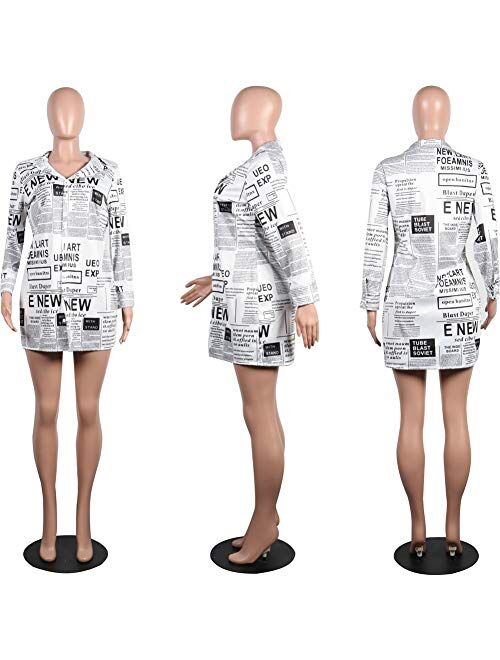 NRTHYE Women's Letter Printing One Shoulder Long Sleeve Irregular Loose Casual Shirt Short Dress