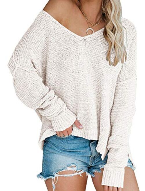 LAICIGO Womens Off Shoulder Knit Sweaters Oversized V Neck Batwing Sleeve Loose Lightweight Pullover Tops