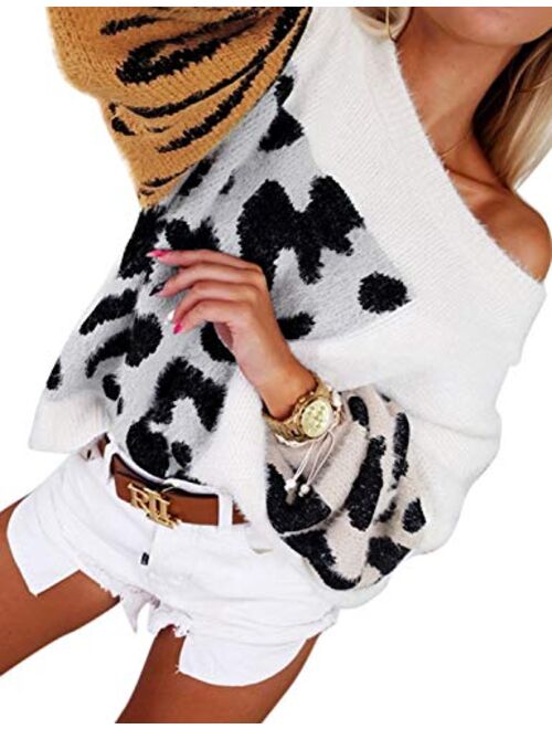 ACKKIA Women's Casual Crewneck Leopard Print Fuzzy Pullover Jumper Sweater Top