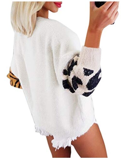 ACKKIA Women's Casual Crewneck Leopard Print Fuzzy Pullover Jumper Sweater Top