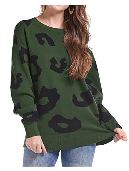 II ININ Women's Leopard Pullover Sweater Casual Sweatshirt Crew Neck Long Sleeve Knit Tops Blouse