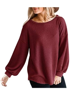 Womens Long Balloon Sleeve Waffle Knit Tops Crew Neck Oversized Sweater Pullover