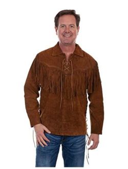 Men's Fringed Boar Suede Leather Long Sleeve Western Shirt - 5-86