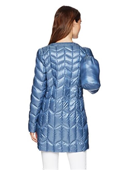 VIA SPIGA Women's Collarless Packable Down Jacket with Chevron Stitch Detail
