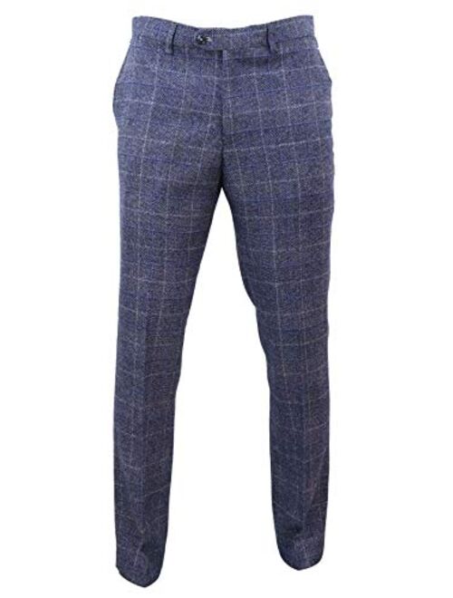 House Of Cavani Mens Tweed Check Herringbone Blue Navy Tailored Fit Trousers Regular Length Peaky Blinders Navy-Connall 30
