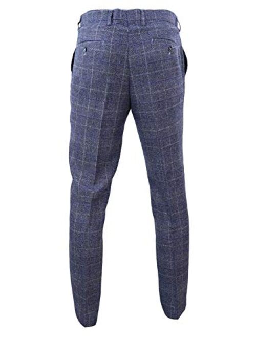 House Of Cavani Mens Tweed Check Herringbone Blue Navy Tailored Fit Trousers Regular Length Peaky Blinders Navy-Connall 30