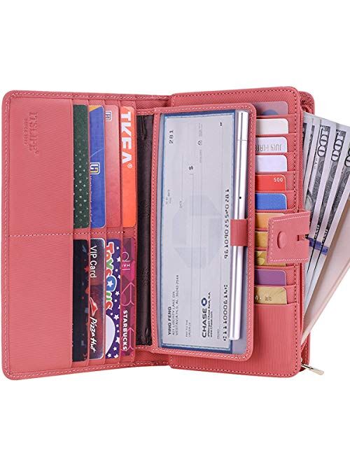 Itslife Womens Wallet,Large Capacity RFID Blocking Leather Wallets Credit Cards Organizer Ladies Wallet with Checkbook Holder,Stripe Pink